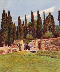 Rom: Villa Hadriana, søjlen i det græske teater (farvelitografi) af Joseph Felix Bouchor