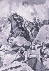 Sobraon: Sir Joseph Thackwell leder 3rd Light Dragoons i enkelt fil gennem nogle sikh-jordværker, illustration fra British Battles on Land and Sea, 1915