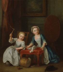 To børn af familien Nollekens, sandsynligvis Jacobus og Maria Sophia, leger med en top og spiller kort, 1745