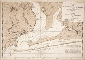 Et kort over bugten og havnen i Pensacola i provinsen West Florida af Joseph Frederick Wallet DesBarres