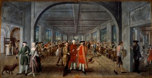 Wetter Brothers Indian Fabric Factory Til venstre, hr. og fru Jean Rodolphe (Jean-Rodolphe) Wetter rigt vetus. I centret præsenterer en arbejder en trykplade til fabrikschefen, Pierre Pignet, bag dem arbejderne på arbejde. Til højre et stykke