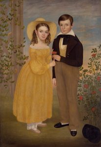 En dreng og en pige i en have (olie på lærred) af Joseph Goodhue Chandler