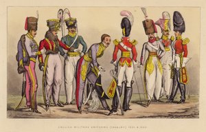 Engelske militæruniformer (kavaleri) 1821 og 1822 (koloreret stik)
