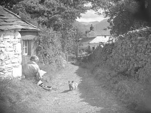 En kvinde sad og læste med en hund på en vej af Joseph Hardman