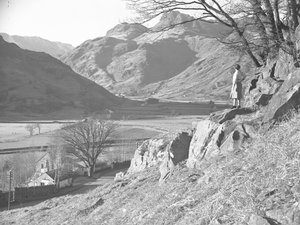Kvinde står på klipper under et træ og kigger på udsigten over Langdale Fells af Joseph Hardman