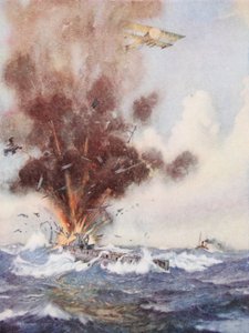 Eskadron-kommandør A.W. Bigsworth angriber med bomber en tysk ubåd, som fyldes med vand og synker ud for Oostende