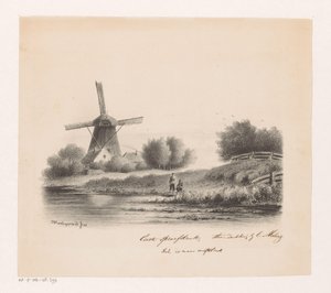 Landskab med mølle og to fiskere