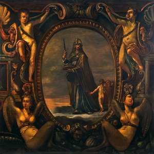 Allegorisk figur med putti i kartouche (olie på lærred)