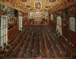 Det indre af Sala Maggior Consiglio, Dogepaladset, Venedig, med patriciere, der stemmer om en bulletin til valg af nye magistrater.