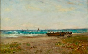 Tending the Boats, Ayrshire Coast (olie på lærred) af Joseph Henderson