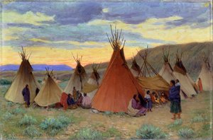 Aften i Crow-reservatet, Montana (olie på lærred) af Joseph Henry Sharp