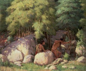 Indian Braves Hunting Deer (olie på lærred)
