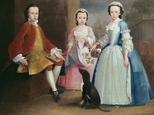 Sara, Anna og Evan Davies med deres hund af Joseph Highmore