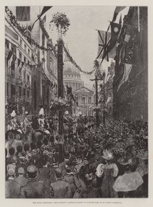 Den kongelige procession, hendes majestæts vogn, der passerer op ad Ludgate Hill til St. Paul