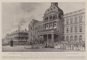 Thanksgiving-gudstjeneste på pladsen i Pretoria den 8. juni, hvor Lord Kitchener råbte "Tre skåltaler for kongen". af Joseph Holland Tringham