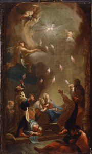 Helligåndens nedstigning (pinse), Olie på lærred af Joseph Ignaz Mildorfer (1719-1775), ca. 1750 - (Helligåndens nedstigning (pinse), Olie på lærred af J.I.Mildorfer, ca. 1750) - Magyar Nemzeti Galeria (Ungarn) af Joseph Ignaz Mildorfer