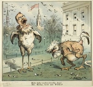 Kik-kik-cock-a-doodle doo! Mr. Kelly, hvordan har DU det, fra Puck af Joseph Keppler