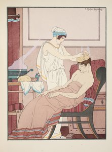 En svamp gennemvædet i varmt vand påføres hovedet, illustration fra 