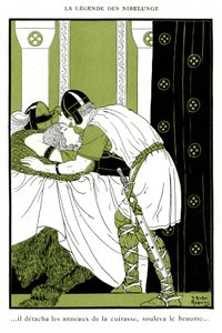 Legend of Nibelunge: Siegfried omfavner Walkyrie Brunnhilde (kromolitografi) af Joseph Kuhn Regnier