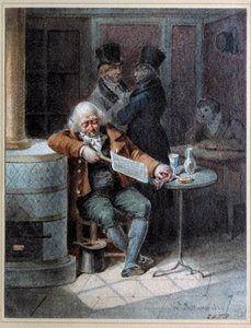 Reading of the Gazette””: gammel mand sov på en café og læste avisen “The Gazette”” i 1824. Litografi af Joseph Louis Hippolyte Bellange (1800-1866) 1824 Paris, Musee Carnavalet af Joseph Louis Hippolyte Bellange