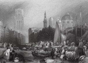 Fiskemarked, Rotterdam (kobberstik) af Joseph Mallord William (after) Turner