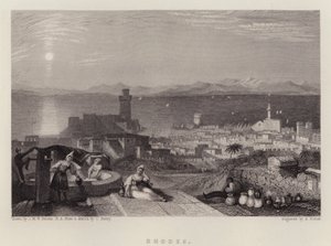 Rhodes (farve litho) af Joseph Mallord William (after) Turner