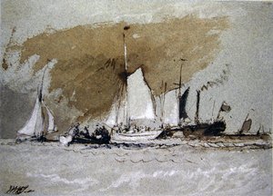 Fiskerbåde til søs, ombord på en damper ud for Cowes, Isle of Wight (pen- og blækvask og kropsfarve på blåt papir) af Joseph Mallord William Turner