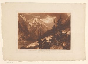 Udsigt over Chamonix-dalen med floden Arveyron Kilden til Arveron i Chamouni Savoy-dalen (titel på objektet) Landskabsstudier (serietitel) Liber Studiorum (serietitel) af Joseph Mallord William Turner
