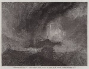 Snestorm, dampbåd ud for en havns mund laver signaler, i National Gallery