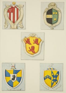 Fem våbenskjolde fra monumenter i Temple Church (akvarel på papir) af Joseph Manning