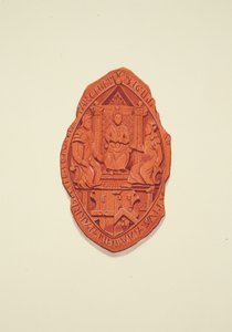 Forsiden af Matthew Parkers segl, ærkebiskop af Canterbury, til Will of Thomas Alyce, Merchant af Joseph Manning