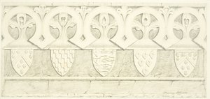 Gotisk frise og våbenskjold i saleriet i Bristol Cathedral (blyant og akvarel på papir)