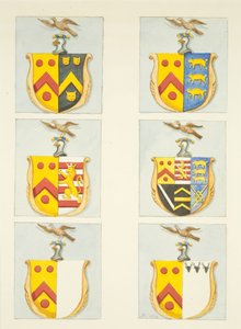 Seks våbenskjolde i farvede glasvinduer i nord- og sydgange (den østlige ende) af Bristol Cathedral (akvarel på papir) af Joseph Manning