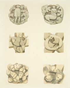 Seks lyskesten i loftet ved indgangen til den nordlige dør til Bristol Cathedral (akvarel på papir) af Joseph Manning