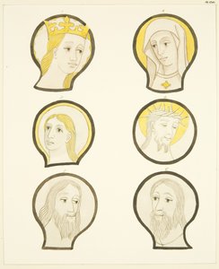 Seks hoveder i farvede glasvinduer syd for koret i Bristol Cathedral (akvarel på papir) af Joseph Manning