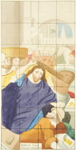 Glasmosaikvindue i den østlige ende af Bristol Cathedrals sydgang, der viser købere og sælgere i templet (akvarel på papir) af Joseph Manning
