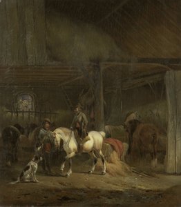 Hestestald, ca. 1830-1840 (olie på panel) af Joseph Moerenhout