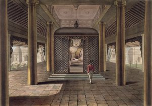 En soldat stående i et Rangoon-tempel, indgraveret af George Hunt, 1825 (farvet akvatint)