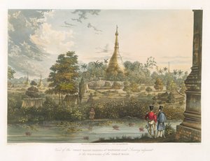 Udsigt over den store Dagon-pagode ved Rangoon fra vest, indgraveret af Henry Pyall (1795-1833) 1825-26