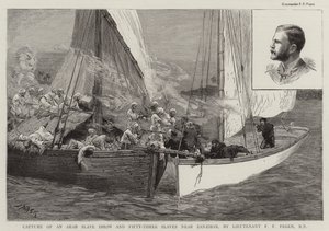 Tilfangetagelse af en arabisk slave Dhow og 53 slaver nær Zanzibar af løjtnant F F Fegen, RN af Joseph Nash