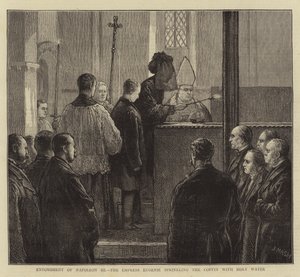 Begravelse af Napoleon III, kejserinde Eugenie drysser kisten med helligt vand