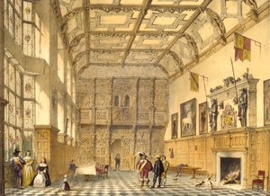 Den store hal, Hatfield, Berkshire, 1600, illustration fra "Architecture of the Middle Ages", 1838 af Joseph Nash