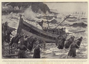 Heltinderne fra Runswick Bay, kvinder, der søsætter redningsbåden for at redde deres mænd
