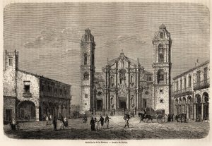 Katedralen i Havana, Cuba, tegning af Navlet for at illustrere rejsen til øen Cuba, i 1859, af Richard Dana (1815-1882). Indgravering i "" Le tour du monde, nouveau journal des voyages"" Paris