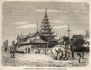 Kongen af Avas palads i Amarapoura (det nuværende Burma), tegning af Navlet for at illustrere rejsen til kongeriget Ava, i 1855, af kaptajn Henri Yule af den bengalske ånds krop. Indgravering i "" Le tour du monde, nouveau journal des voya