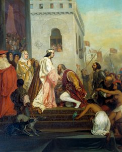 Modtagelse af Christopher Columbus (1451-1506) af Spaniens konger Ferdinand II af Aragon og Isabella 1. af Castilla (kaldet katolikken) i Barcelona i 1493. Opdagelsesrejsende vender tilbage med fangede indianere. Detalje. Maleri af Joseph Nicolas Robert Fl