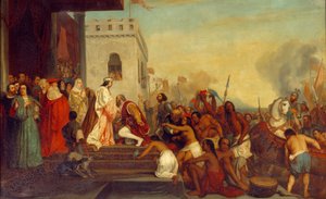 Modtagelse af Christopher Columbus (1451-1506) af Spaniens konger Ferdinand II af Aragon og Isabella 1. af Castilla (kaldet katolikken) i Barcelona i 1493. Opdagelsesrejsende vender tilbage med fangede indianere. Maleri af Joseph Nicolas Robert Fleury (179