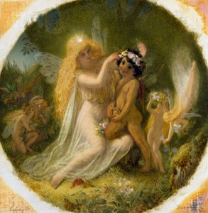 "Titania, feernes prinsesse, og den unge indianer, som hun har gjort til sin page" Illustration til "En skærsommernatsdrøm" af William Shakespeare. Maleri af Joseph Noel Paton (1821-1901) Privat samling
