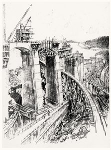 Approaches to the Gatun Lock, plade VI fra Panamakanalen af Joseph Pennell, 1912 (kul på papir) af Joseph Pennell