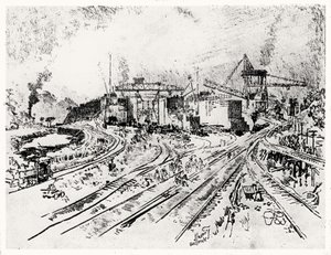 Building Miraflores Lock, plade XXI fra Panamakanalen af Joseph Pennell, 1912 (kul på papir) af Joseph Pennell